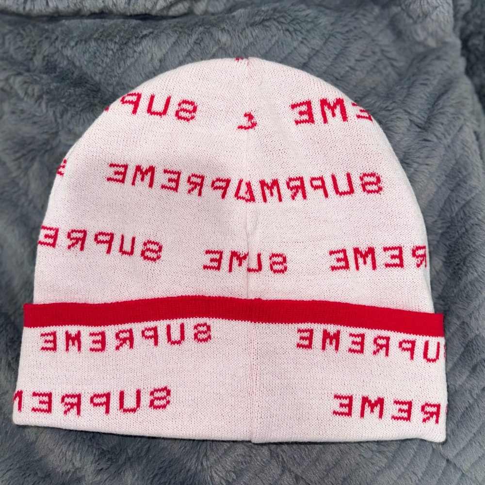 Supreme Repeat Logo Beanie White with Signature Red Lettering